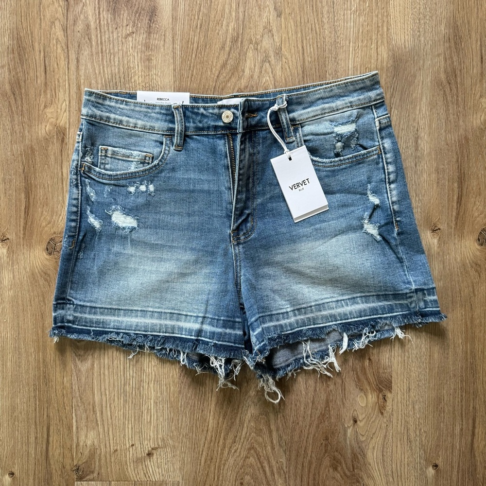 VERVET BY FLYING MONKEY Rebecca Blue Jean Shorts Distressed Frayed Hem High Rise - Picture 1 of 16